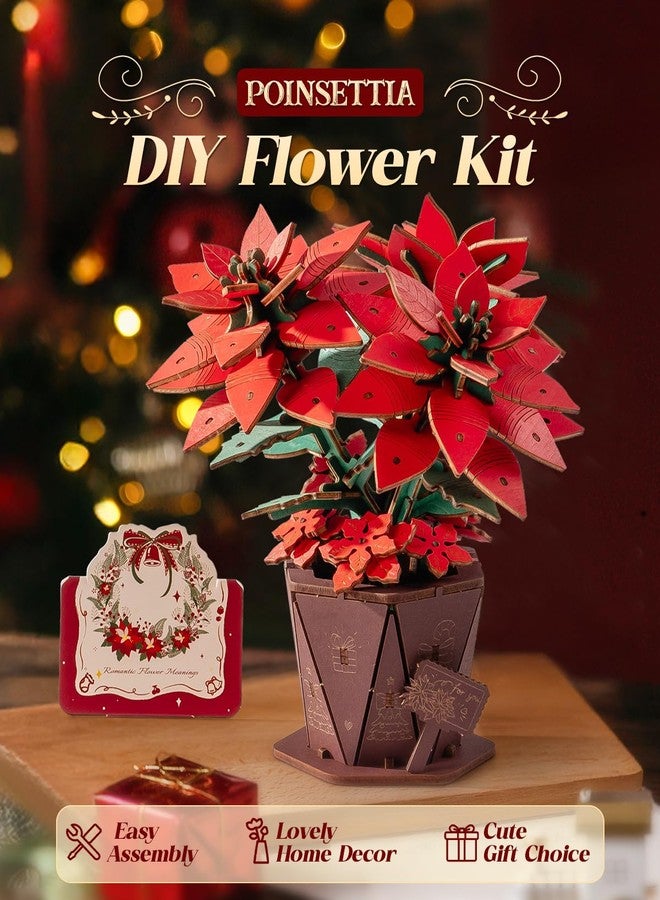 Wowood 3D Flower Wooden Puzzles for Adults-Poinsettia, DIY Wooden Flowers Model Kit Building Set Crafts for Adults to Build, Botanical Collection/Ideal Creative Gift Ideas/Housewarming (153PCS) - Image 2